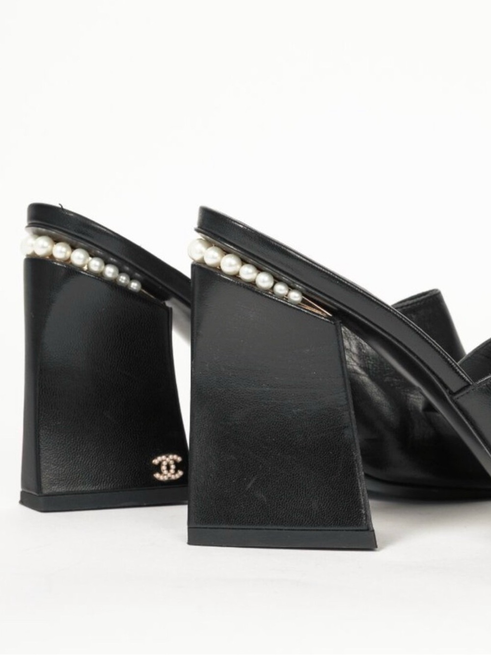 CHANEL Black Leather Pearl-Trim Block Heel Mules